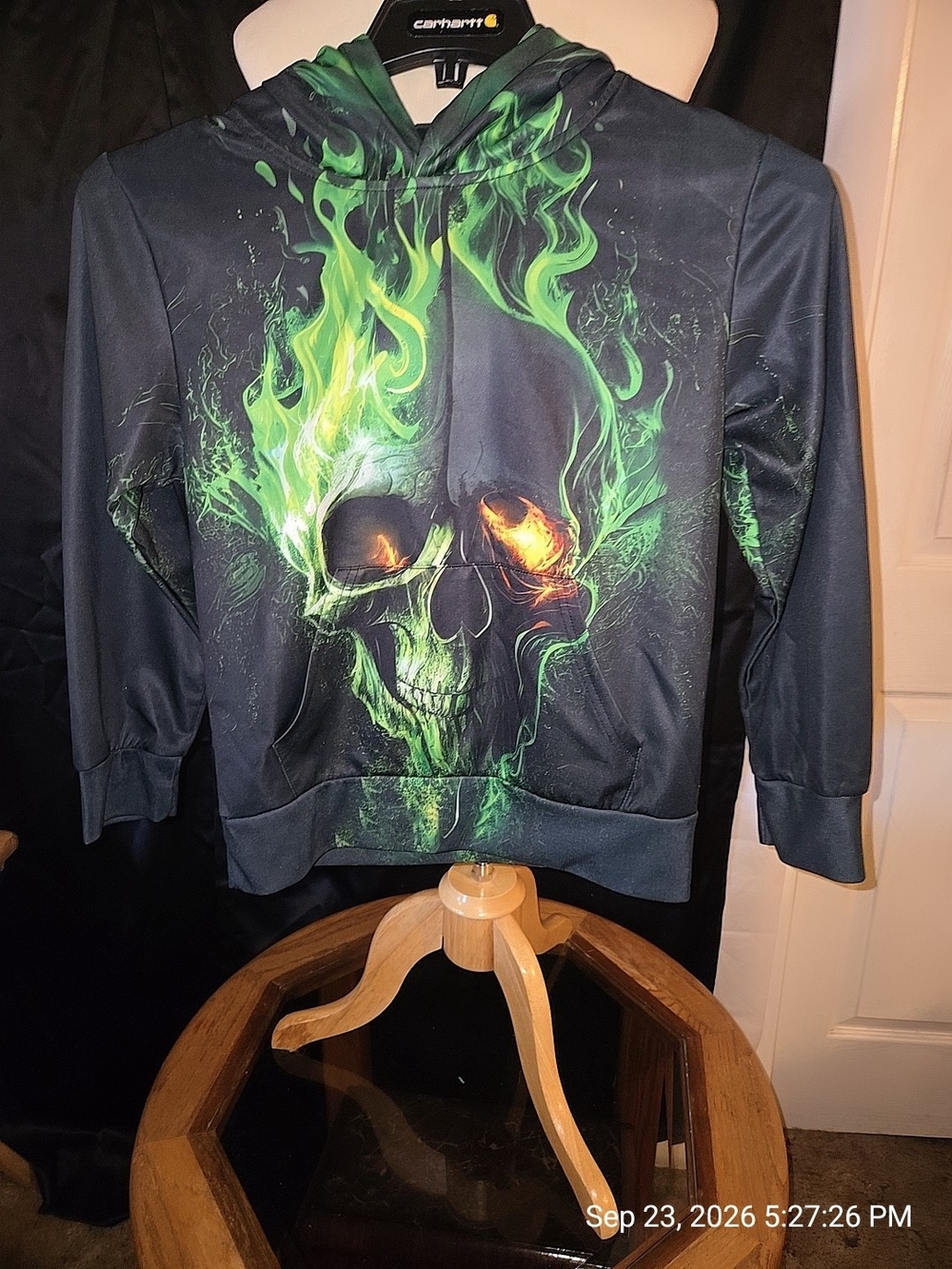 Carhartt Men's Black Hoodie with Green Flame Skull Graphic